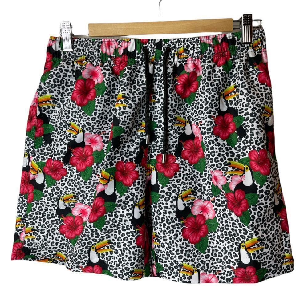 Franks Black Multicolor Tropical Print Swimming Trunks Men's Size L NWT